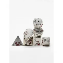 Pack 7 Dados Rol Metálicos D&D Dragón Rojo y Blanco