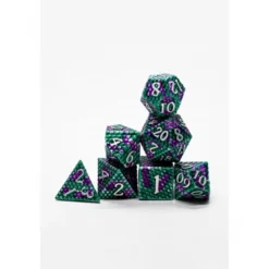 Pack 7 Dados Rol Metálicos D&D Escamas de Dragón Verde y Morado