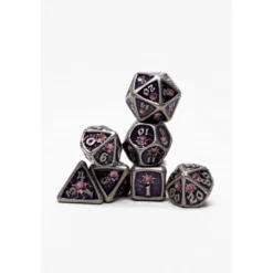 Pack 7 Dados Rol Metálicos D&D Morado Rojo Con Gema Rubí