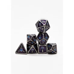 Pack 7 Dados Rol Metálicos D&D Morado Con Gema Zafiro