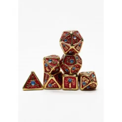 Pack 7 Dados Rol Metálicos D&D Rojo con Gema Zafiro