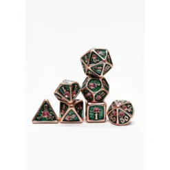 Pack 7 Dados Rol Metálicos D&D Verde Oscuro Con Gema Rubí
