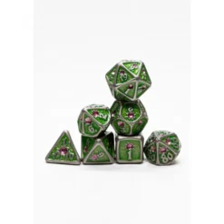 Pack 7 Dados Rol Metálicos D&D Verde Claro con Gema Rubí